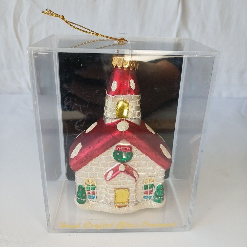 Unique Treasures Cottage House Polka Dot Home Christmas Blown Glass Ornament 4"